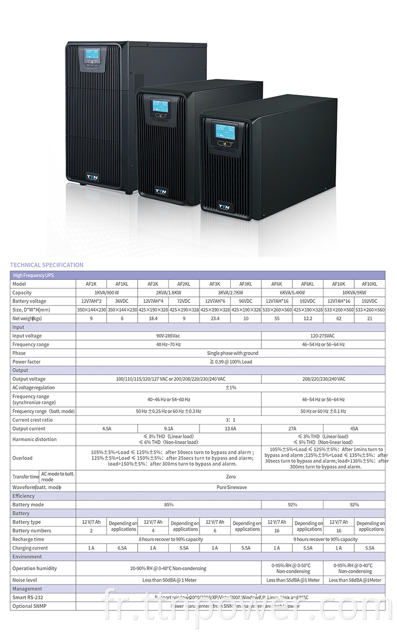 Affichage LCD de haute qualité TTN AF6KVA avec batteries en ligne UPS